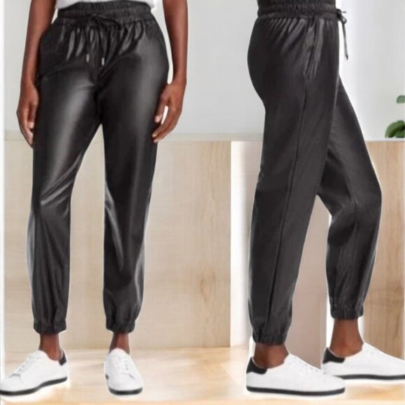NWOT STUDIO (MED) BADGLEY MISCHKA Black Faux Leather Drawstring Jogger Pants - Picture 1 of 7